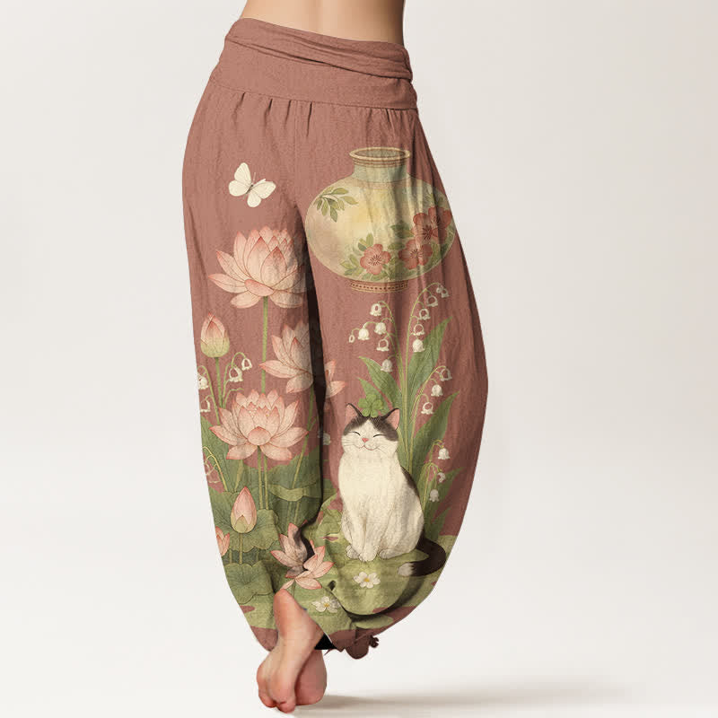Buddha Stones Pure Cotton Lotus Cat Pattern Women's Elastic Waist Harem Pants - image 9