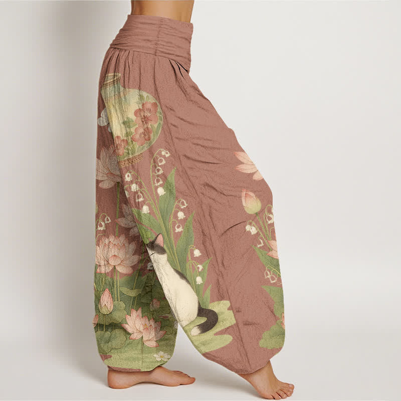Buddha Stones Pure Cotton Lotus Cat Pattern Women's Elastic Waist Harem Pants - image 10