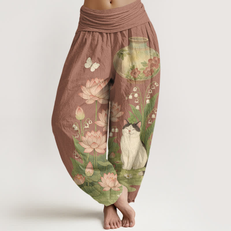 Buddha Stones Pure Cotton Lotus Cat Pattern Women's Elastic Waist Harem Pants - Sienna - US16，UK/AU20，EU48 (3XL) - image 8