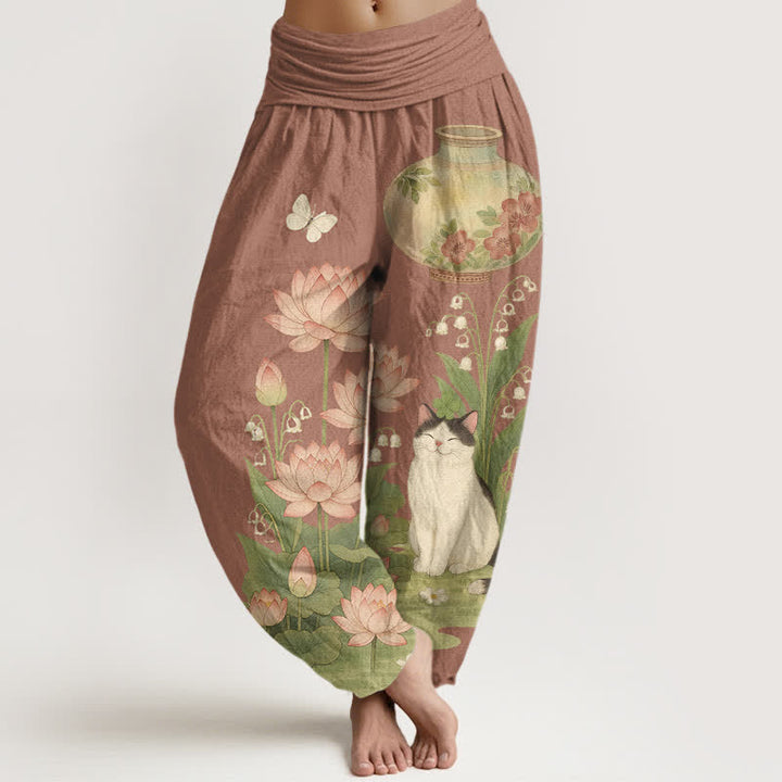 Buddha Stones Pure Cotton Lotus Cat Pattern Women's Elastic Waist Harem Pants - Sienna - US16，UK/AU20，EU48 (3XL) - image 8