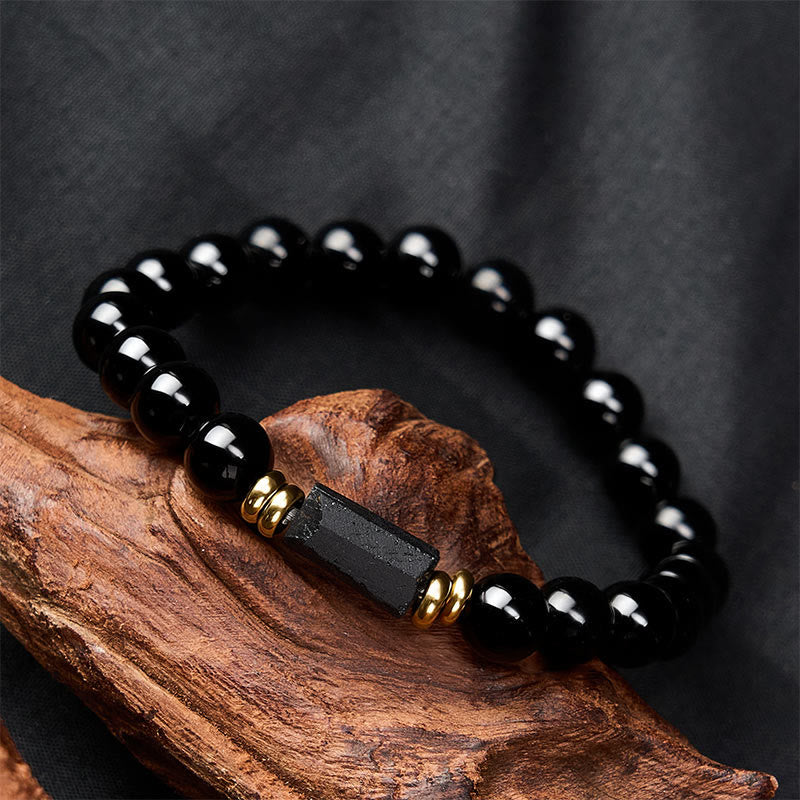 Buddha Stones Black Obsidian Black Tourmaline Protection Minimalist Round Bead Bracelet - image 11