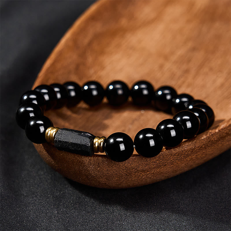 Buddha Stones Black Obsidian Black Tourmaline Protection Minimalist Round Bead Bracelet - image 16