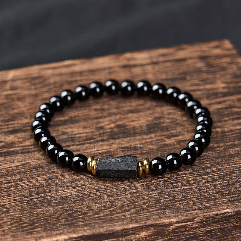 Buddha Stones Black Obsidian Black Tourmaline Protection Minimalist Round Bead Bracelet - image 1
