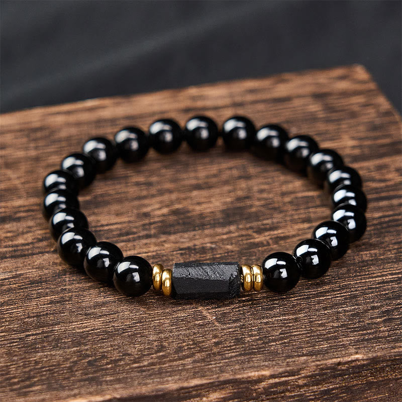 Buddha Stones Black Obsidian Black Tourmaline Protection Minimalist Round Bead Bracelet - image 9