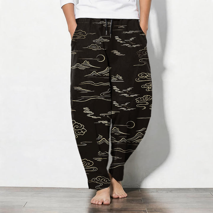 Buddha Stones Pure Cotton Cloud Mountain Wave Pattern Drawstring Men's Tapered Pants With Pockets - Black - US/UK/AU50，EU60 (5XL) - image 0