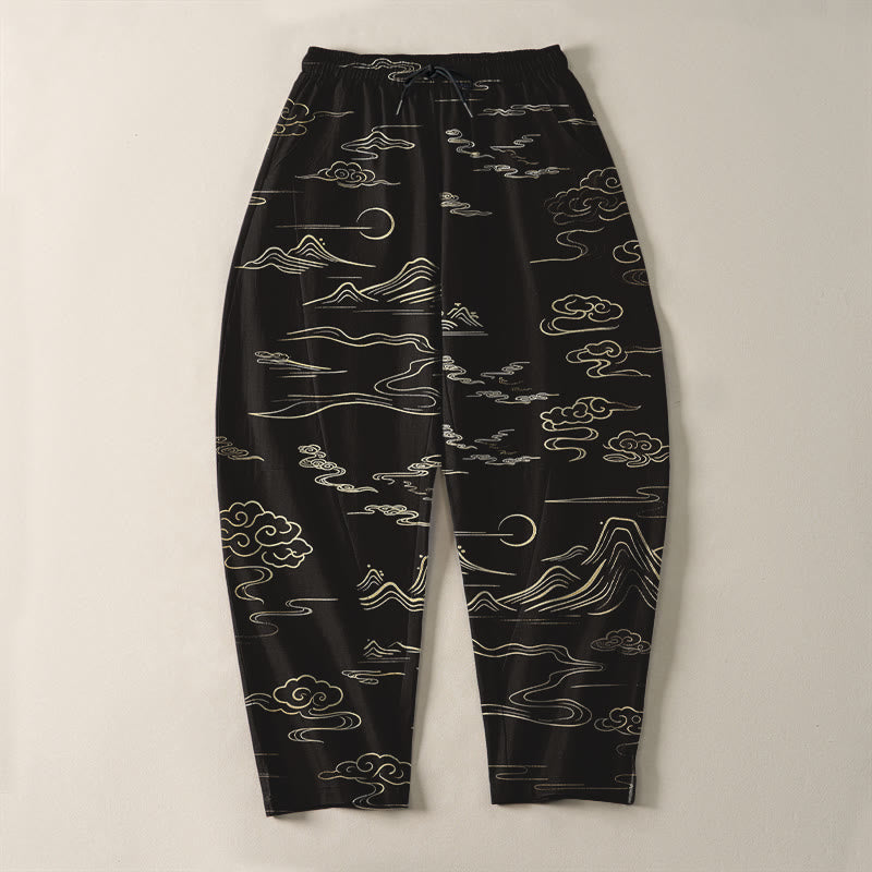 Buddha Stones Pure Cotton Cloud Mountain Wave Pattern Drawstring Men's Tapered Pants With Pockets - image 2