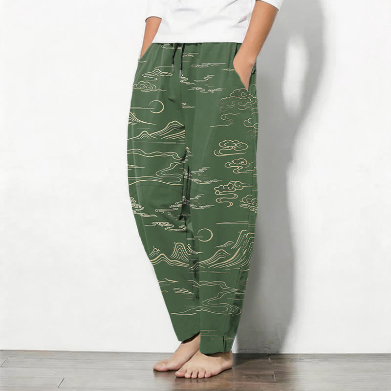 Buddha Stones Pure Cotton Cloud Mountain Wave Pattern Drawstring Men's Tapered Pants With Pockets - image 8