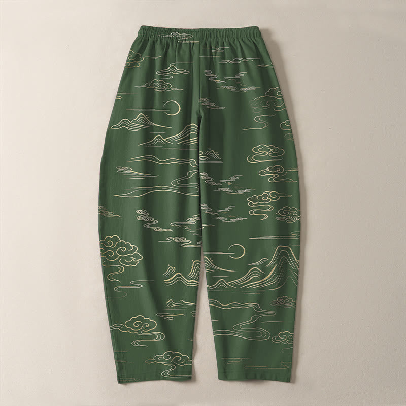 Buddha Stones Pure Cotton Cloud Mountain Wave Pattern Drawstring Men's Tapered Pants With Pockets - image 10