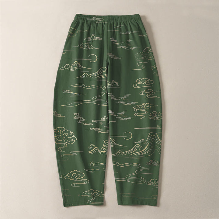 Buddha Stones Pure Cotton Cloud Mountain Wave Pattern Drawstring Men's Tapered Pants With Pockets - image 10