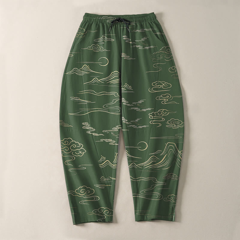 Buddha Stones Pure Cotton Cloud Mountain Wave Pattern Drawstring Men's Tapered Pants With Pockets - image 9
