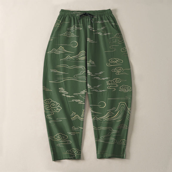 Buddha Stones Pure Cotton Cloud Mountain Wave Pattern Drawstring Men's Tapered Pants With Pockets - image 9