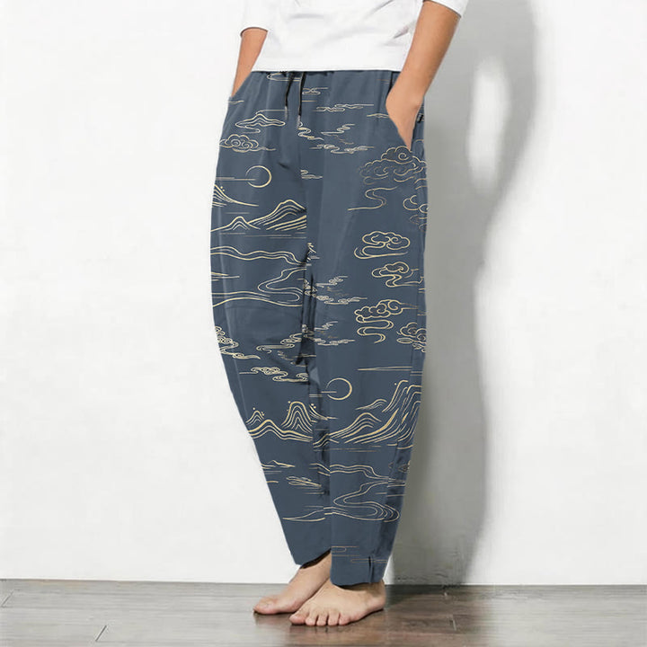 Buddha Stones Pure Cotton Cloud Mountain Wave Pattern Drawstring Men's Tapered Pants With Pockets - image 12