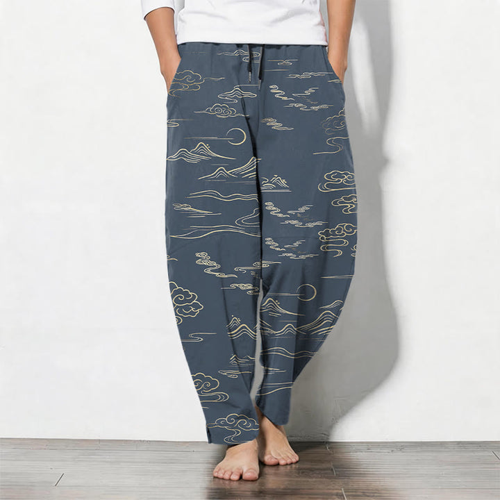 Buddha Stones Pure Cotton Cloud Mountain Wave Pattern Drawstring Men's Tapered Pants With Pockets - SteelBlue - US/UK/AU50，EU60 (5XL) - image 11
