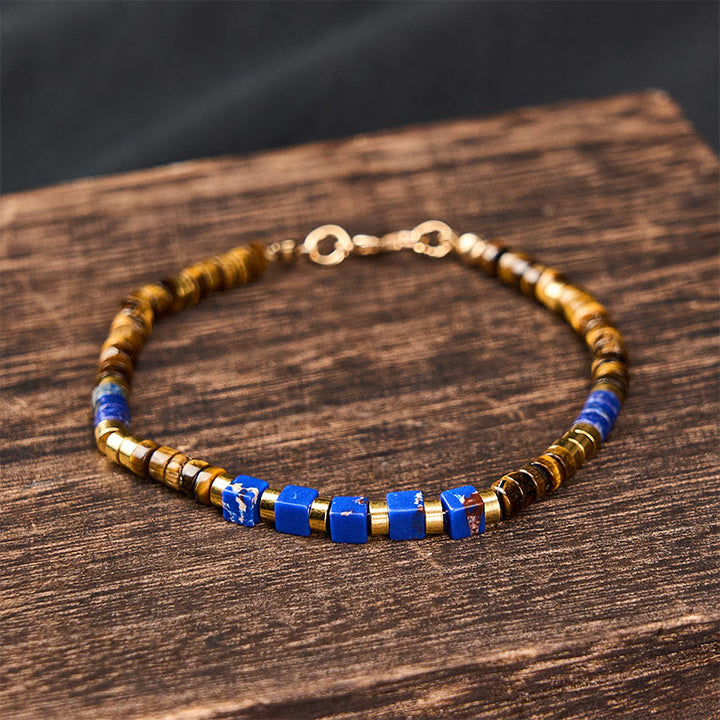Buddha Stones Lapis Lazuli Tiger Eye Square Beaded Wisdom Bracelet - image 1