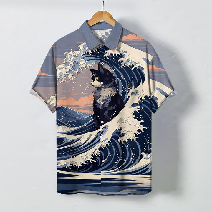 Buddha Stones Great Wave Black Cat Pattern Buttons Breathable Men's Short Sleeve Shirt - LightSteelBlue - US/UK/AU48，EU58 (4XL) - image 0