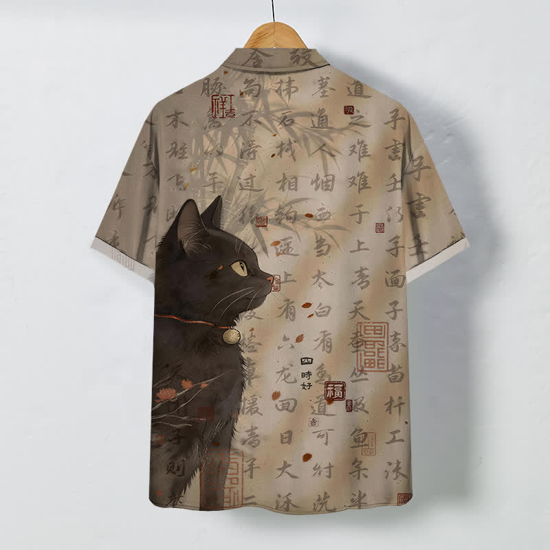 Buddha Stones Black Cat Calligraphy Seal Pattern Buttons Breathable Men's Short Sleeve Shirt - image 1
