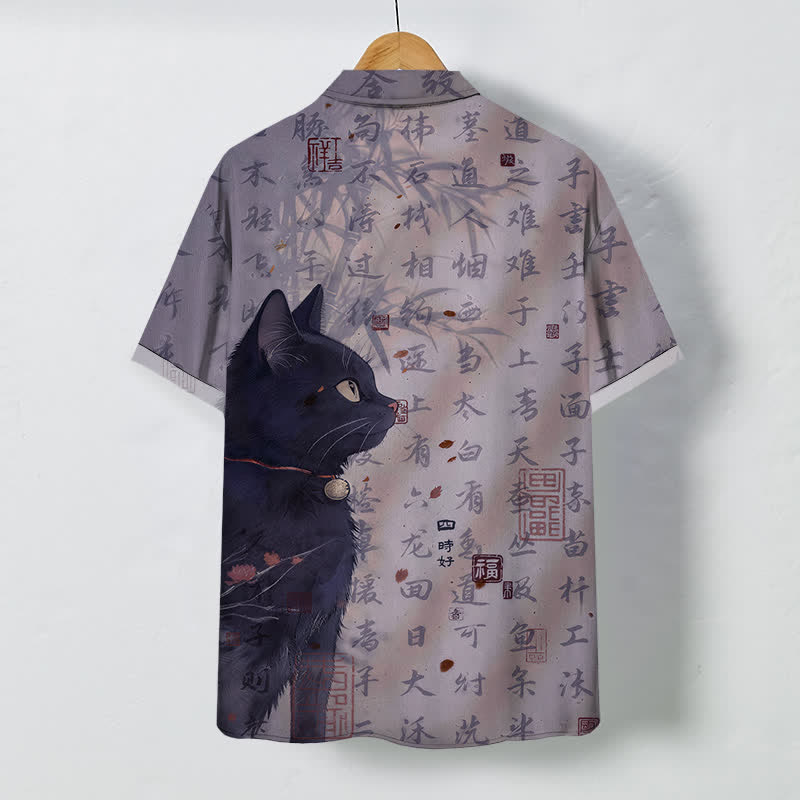 Buddha Stones Black Cat Calligraphy Seal Pattern Buttons Breathable Men's Short Sleeve Shirt - image 8