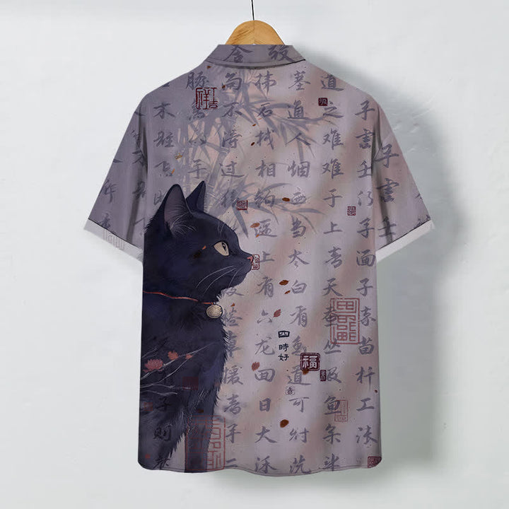 Buddha Stones Black Cat Calligraphy Seal Pattern Buttons Breathable Men's Short Sleeve Shirt - image 8