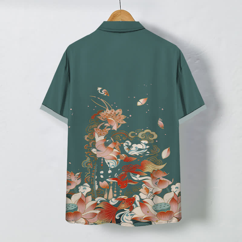 Buddha Stones Lotus Koi Fish Cloud Wave Pattern Buttons Breathable Men's Short Sleeve Shirt - image 1