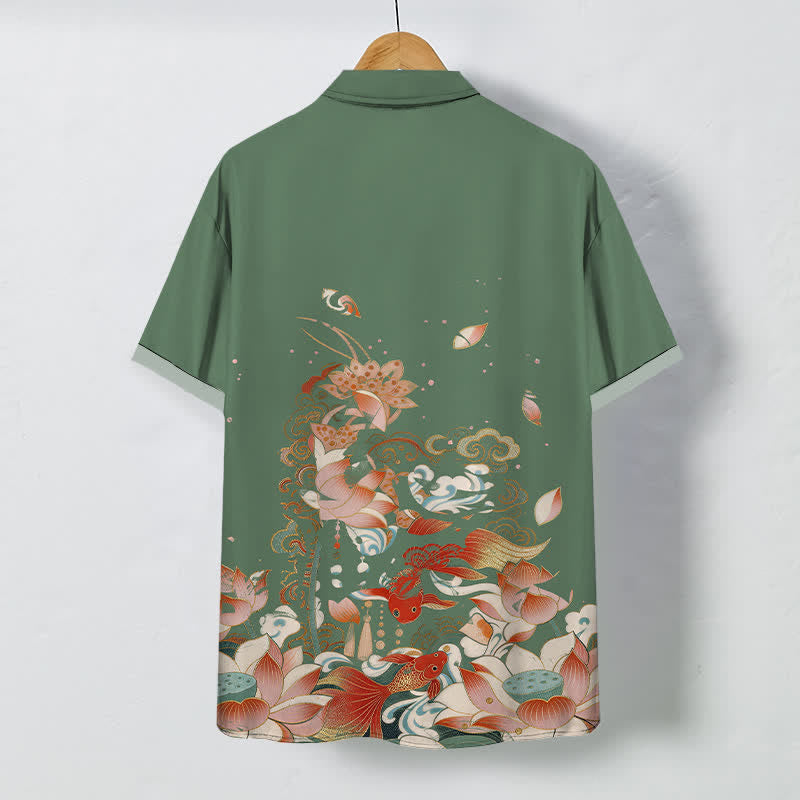 Buddha Stones Lotus Koi Fish Cloud Wave Pattern Buttons Breathable Men's Short Sleeve Shirt - image 6