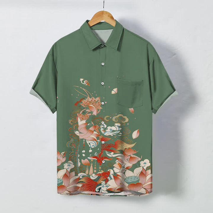 Buddha Stones Lotus Koi Fish Cloud Wave Pattern Buttons Breathable Men's Short Sleeve Shirt - DarkSeaGreen - US/UK/AU48，EU58 (4XL) - image 5