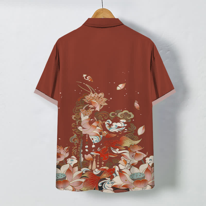 Buddha Stones Lotus Koi Fish Cloud Wave Pattern Buttons Breathable Men's Short Sleeve Shirt - image 8