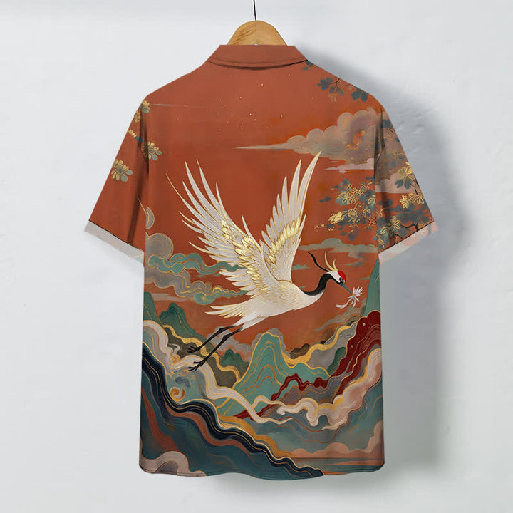 Buddha Stones Flying Crane Cloud Wave White Flower Pattern Buttons Breathable Men's Short Sleeve Shirt - image 1