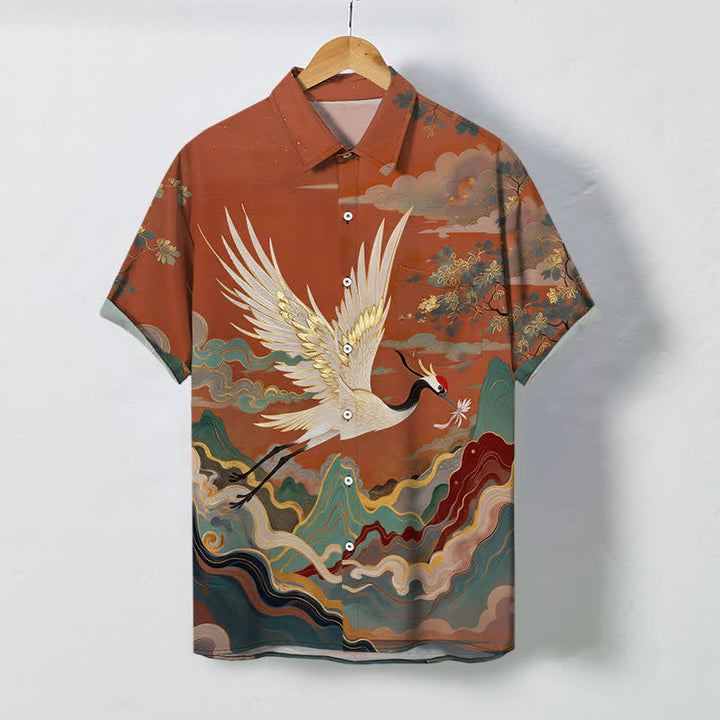 Buddha Stones Flying Crane Cloud Wave White Flower Pattern Buttons Breathable Men's Short Sleeve Shirt - Sienna - US/UK/AU48，EU58 (4XL) - image 0
