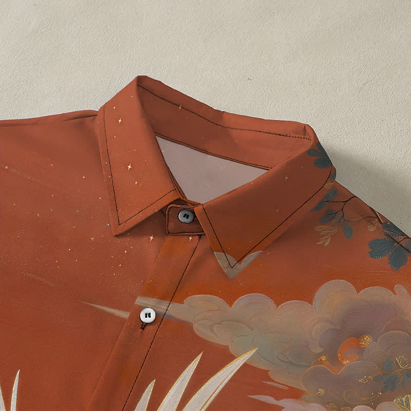 Buddha Stones Flying Crane Cloud Wave White Flower Pattern Buttons Breathable Men's Short Sleeve Shirt - image 2
