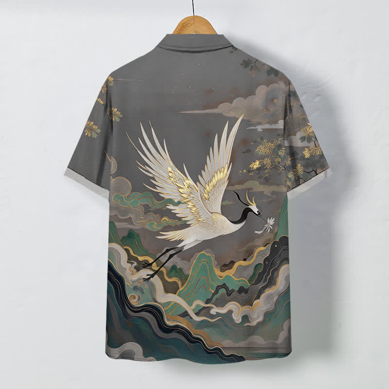 Buddha Stones Flying Crane Cloud Wave White Flower Pattern Buttons Breathable Men's Short Sleeve Shirt - image 8