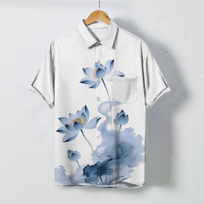 Buddha Stones Blue Lotus Ink Pattern Buttons Wrinkle-resistant Men's Short Sleeve Shirt - White - US/UK/AU48，EU58 (4XL) - image 0