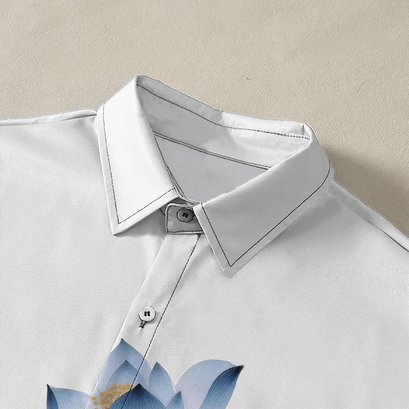 Buddha Stones Blue Lotus Ink Pattern Buttons Wrinkle-resistant Men's Short Sleeve Shirt - image 2