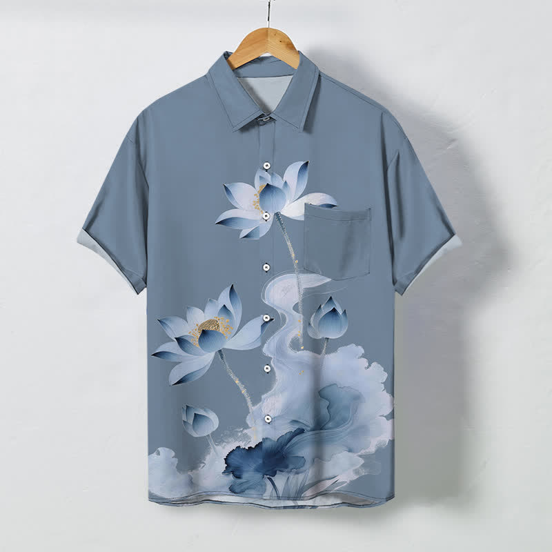 Buddha Stones Blue Lotus Ink Pattern Buttons Wrinkle-resistant Men's Short Sleeve Shirt - LightSteelBlue - US/UK/AU48，EU58 (4XL) - image 5