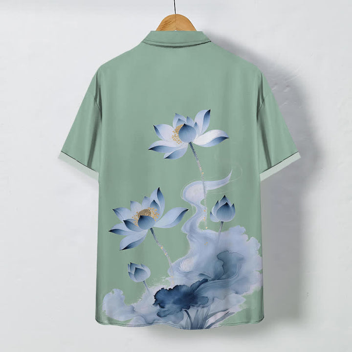 Buddha Stones Blue Lotus Ink Pattern Buttons Wrinkle-resistant Men's Short Sleeve Shirt - image 8