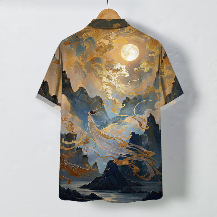 Buddha Stones Misty Mountain Moon Cloud Pattern Buttons Wrinkle-resistant Men's Short Sleeve Shirt - image 1