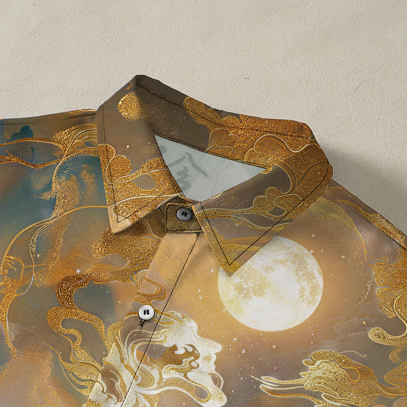 Buddha Stones Misty Mountain Moon Cloud Pattern Buttons Wrinkle-resistant Men's Short Sleeve Shirt - image 2
