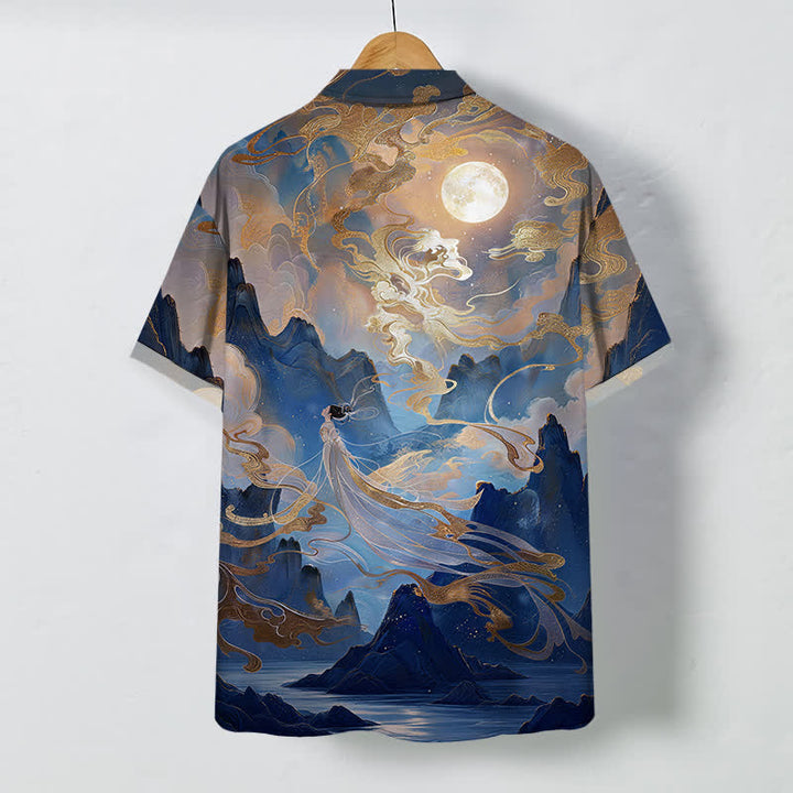 Buddha Stones Misty Mountain Moon Cloud Pattern Buttons Wrinkle-resistant Men's Short Sleeve Shirt - image 8