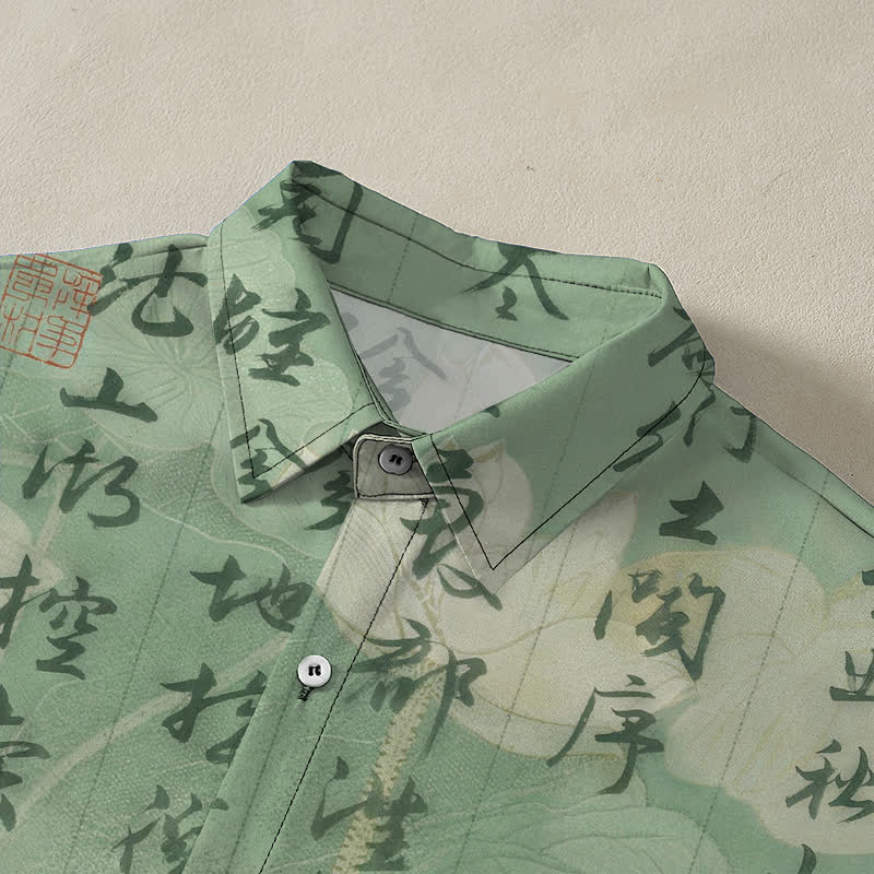 Buddha Stones Chinese Calligraphy Landscape Pattern Buttons Breathable Men's Short Sleeve Shirt - image 2