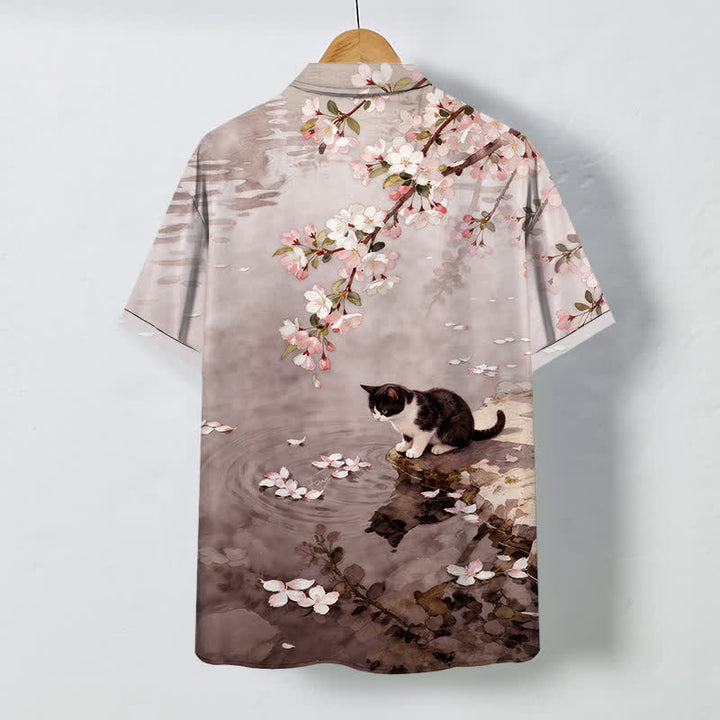 Buddha Stones Cherry Blossom Cat Waterside Pattern Buttons Wrinkle-resistant Men's Short Sleeve Shirt - image 6
