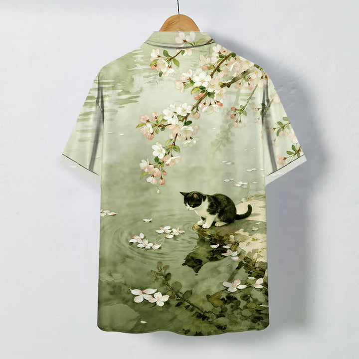 Buddha Stones Cherry Blossom Cat Waterside Pattern Buttons Wrinkle-resistant Men's Short Sleeve Shirt - image 8