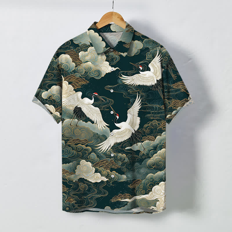 Buddha Stones Red-crowned Crane Golden White Clouds Wave Pattern Buttons Breathable Men's Short Sleeve Shirt - SeaGreen - US/UK/AU48，EU58 (4XL) - image 0