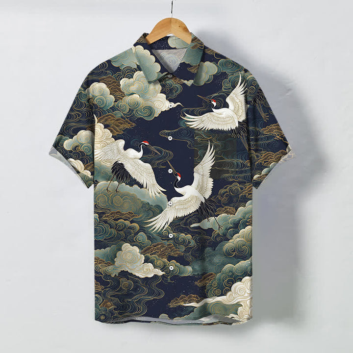 Buddha Stones Red-crowned Crane Golden White Clouds Wave Pattern Buttons Breathable Men's Short Sleeve Shirt - Black - US/UK/AU48，EU58 (4XL) - image 5