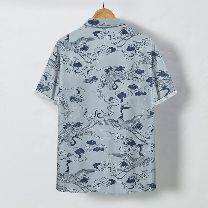 Buddha Stones Crane Cloud Wave Sketch Pattern Buttons Breathable Men's Short Sleeve Shirt - image 1