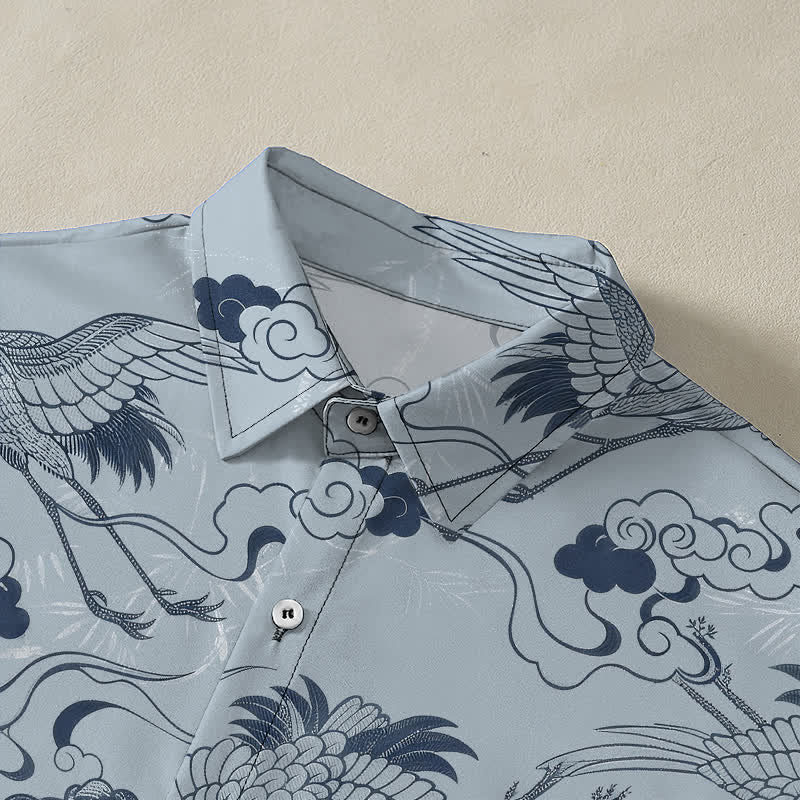 Buddha Stones Crane Cloud Wave Sketch Pattern Buttons Breathable Men's Short Sleeve Shirt - image 2