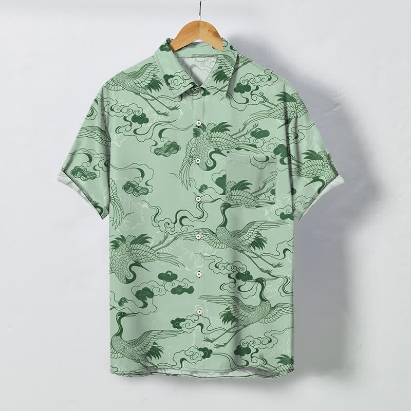 Buddha Stones Crane Cloud Wave Sketch Pattern Buttons Breathable Men's Short Sleeve Shirt - PaleGreen - US/UK/AU48，EU58 (4XL) - image 5
