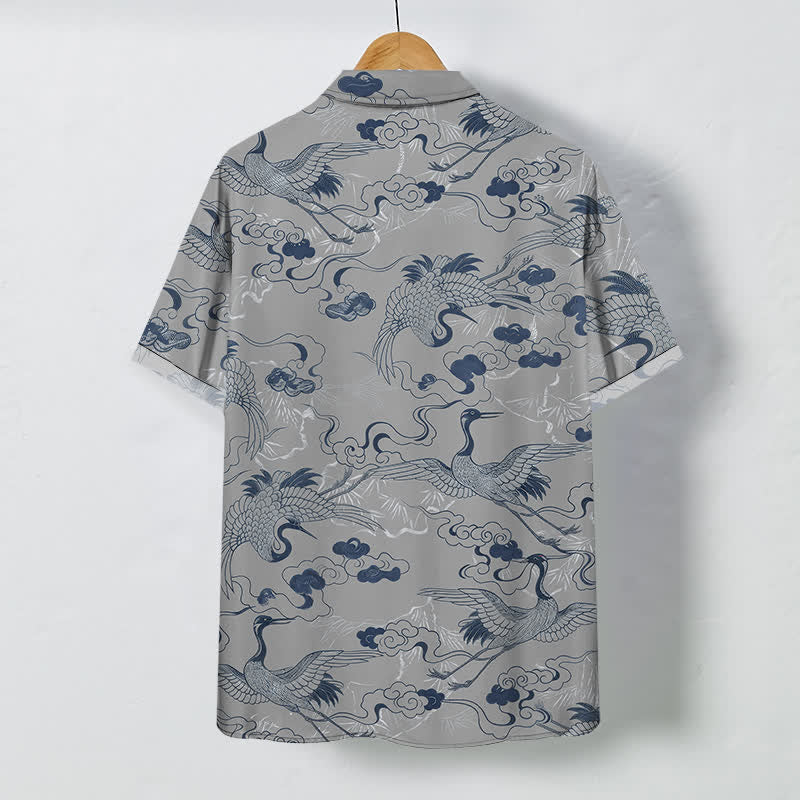 Buddha Stones Crane Cloud Wave Sketch Pattern Buttons Breathable Men's Short Sleeve Shirt - image 8