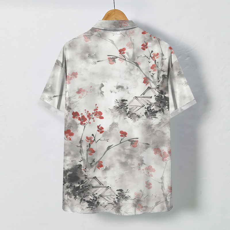Buddha Stones Ink Red Floral Branch Blossom Houses Pattern Buttons Breathable Men's Short Sleeve Shirt - image 1