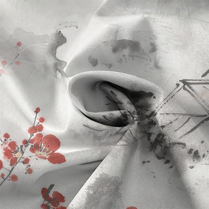 Buddha Stones Ink Red Floral Branch Blossom Houses Pattern Buttons Breathable Men's Short Sleeve Shirt - image 2