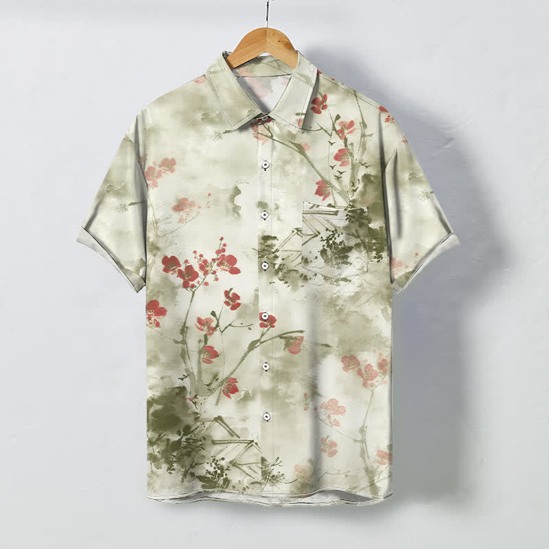 Buddha Stones Ink Red Floral Branch Blossom Houses Pattern Buttons Breathable Men's Short Sleeve Shirt - Beige - US/UK/AU48，EU58 (4XL) - image 3