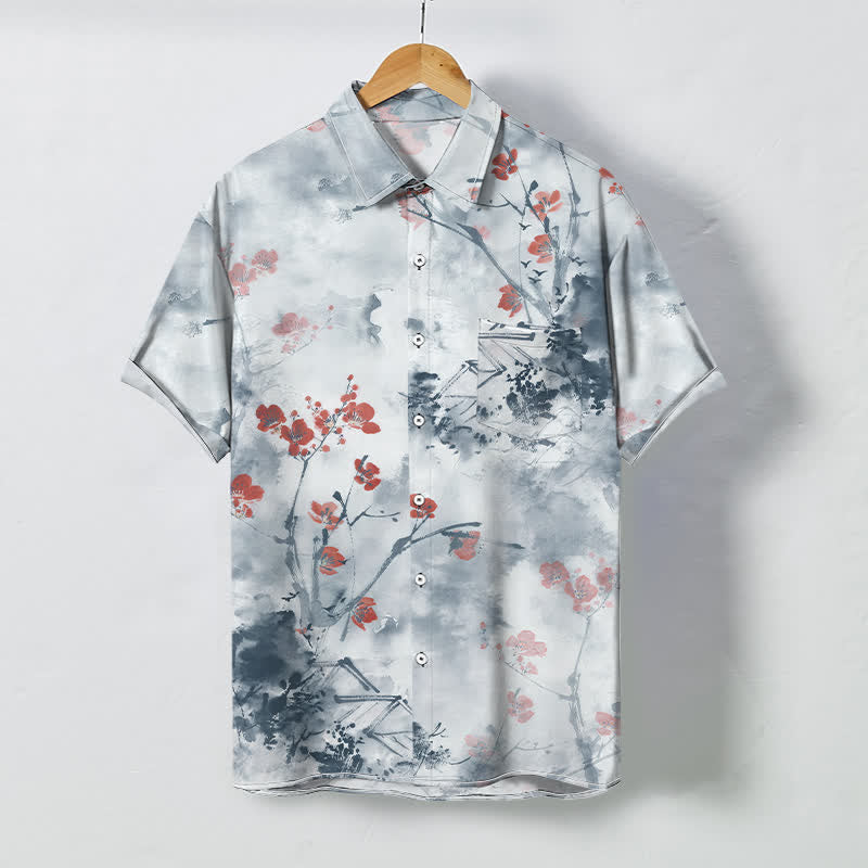 Buddha Stones Ink Red Floral Branch Blossom Houses Pattern Buttons Breathable Men's Short Sleeve Shirt - PowderBlue - US/UK/AU48，EU58 (4XL) - image 5